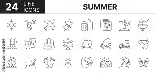 Collection of 24 summer line icons featuring editable strokes. These outline icons depict various modes of summer, travel, sea, set, mountain, vacation, tour, element, 