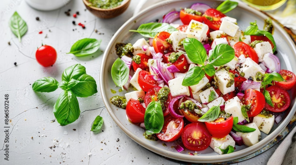 A vibrant Mediterranean salad with feta cheese, cherry tomatoes, red onion, and fresh basil, perfect for a healthy and colorful meal. A vibrant Mediterranean salad with feta cheese, cherry tomatoes, red onion, and fresh basil, perfect for a healthy and colorful meal.