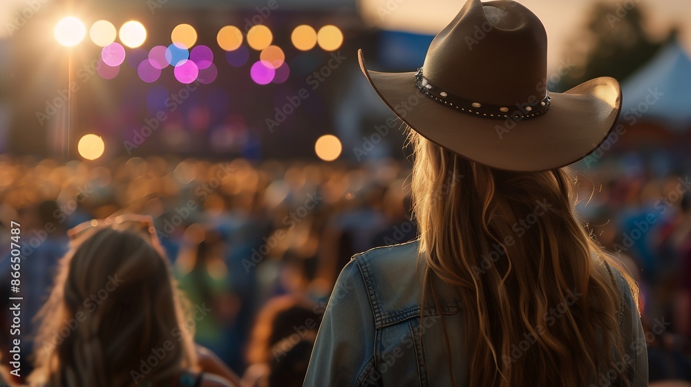 A woman with long hair in a cowboy hat watching the concert on stage at a country music festival, back view, evening light, people crowd in a blurred background, copy space for text, Vibrant colors, d A woman with long hair in a cowboy hat watching the concert on stage at a country music festival, back view, evening light, people crowd in a blurred background, copy space for text, Vibrant colors, d