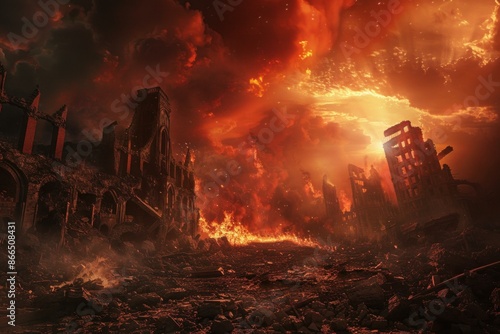 Dramatic image of a city ravaged by disaster with fiery skies and ruins