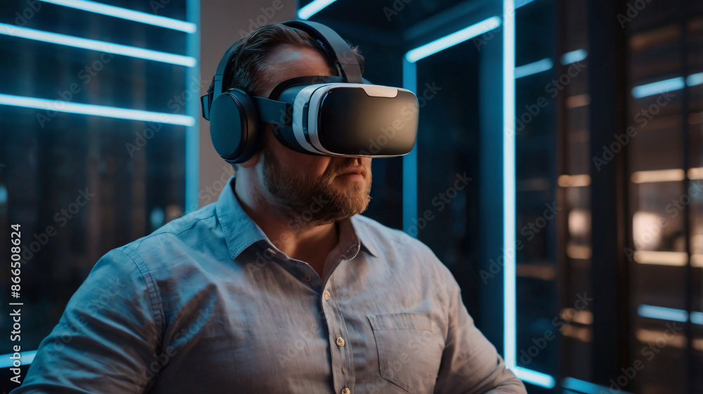 male wears a VR headset in hi-tech interior male wears a VR headset in hi-tech interior