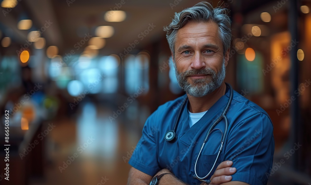 Doctor or nurse in blue scrubs, crossed arms, stethoscope, hospital. Doctor or nurse in blue scrubs, crossed arms, stethoscope, hospital.