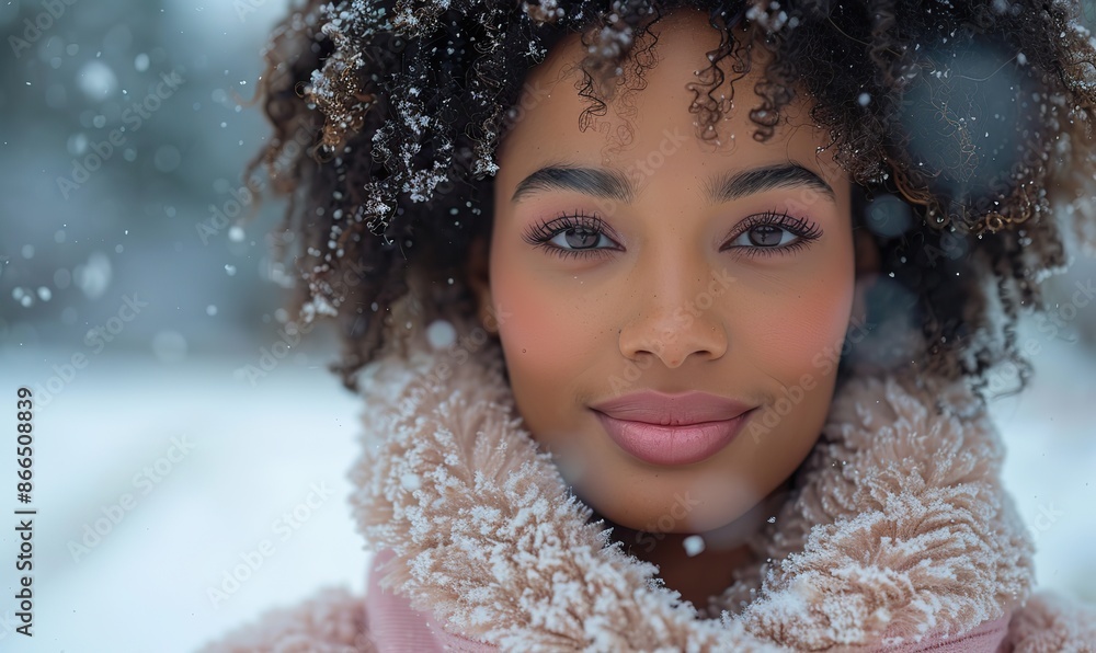 Smiling black mixed-race woman with afro in pink coat stands in winter snow, portraying holiday cheer during Christmas season. Smiling black mixed-race woman with afro in pink coat stands in winter snow, portraying holiday cheer during Christmas season.