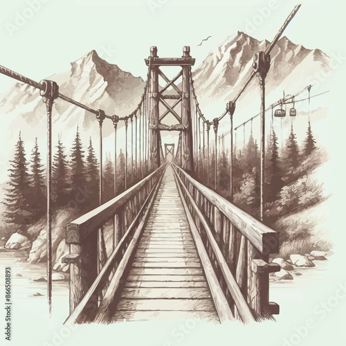  Wooden bridge in the mountains and forest Ropeway Suspension bridge Drawn in pencil on an isolated background