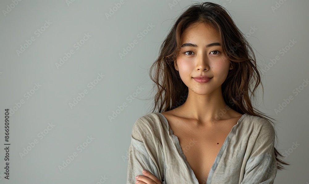 Confident Asian woman crossed her arms and smiled while standing on white background with copy space for concepts of leadership and business. Confident Asian woman crossed her arms and smiled while standing on white background with copy space for concepts of leadership and business.