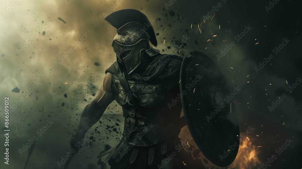 Fototapeta premium Fierce Spartan Warrior with Shield and Helmet Amidst Battle Smoke and Debris