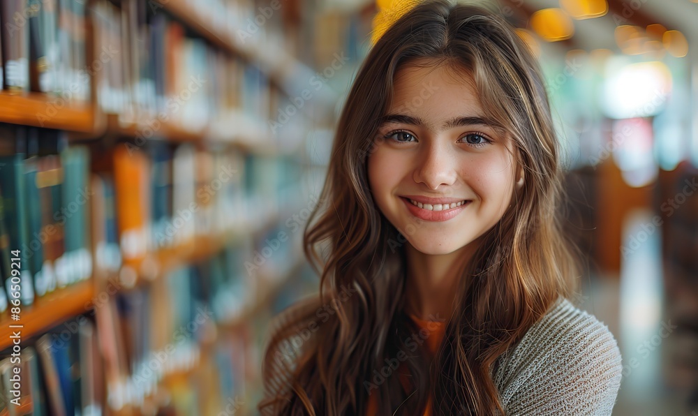 Teen girl at library, studying diligently for upcoming semester exams. Semester has just opened, and she's determined to succeed. Teen girl at library, studying diligently for upcoming semester exams. Semester has just opened, and she's determined to succeed.