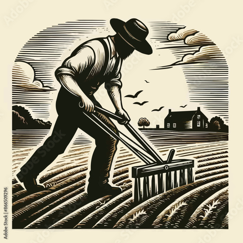 Country man plowing the land in the backlands. Woodcut style.