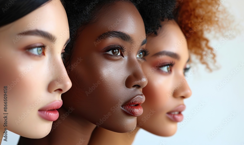Diverse women from Asia, Africa, and Europe gather, united by their distinct skin tones and captured in a portrait on a white background. Diverse women from Asia, Africa, and Europe gather, united by their distinct skin tones and captured in a portrait on a white background.