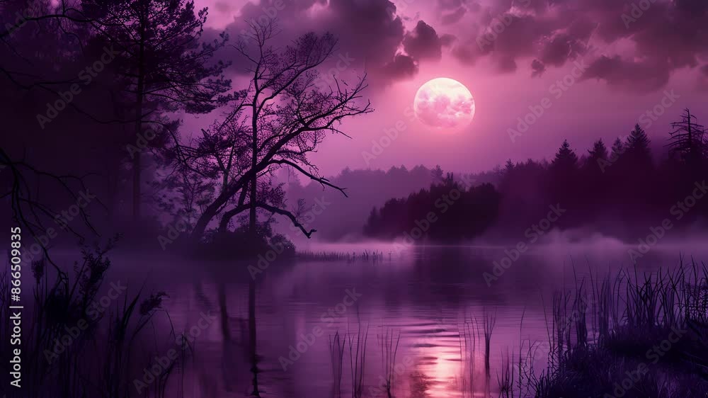 Against the backdrop of a deep purple sky a veil of mist settled over the lake creating an otherworldly atmosphere. Against the backdrop of a deep purple sky a veil of mist settled over the lake creating an otherworldly atmosphere.