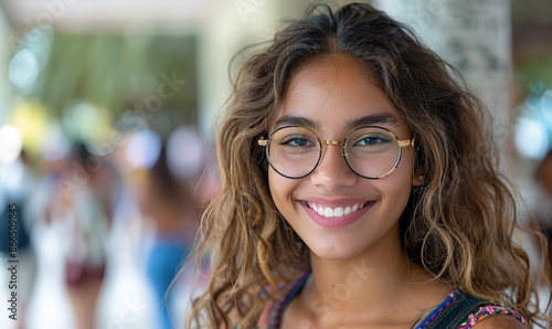 A cheerful Latina student with framed eyeglasses grins at the camera while clutching a notebook on a college campus.