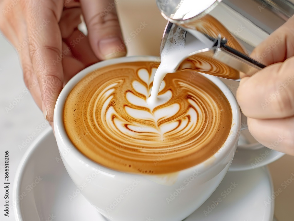 Barista perfecting latte art with steamed milk in a white cup on a saucer, creating intricate leaf pattern at a coffee shop. Barista perfecting latte art with steamed milk in a white cup on a saucer, creating intricate leaf pattern at a coffee shop.