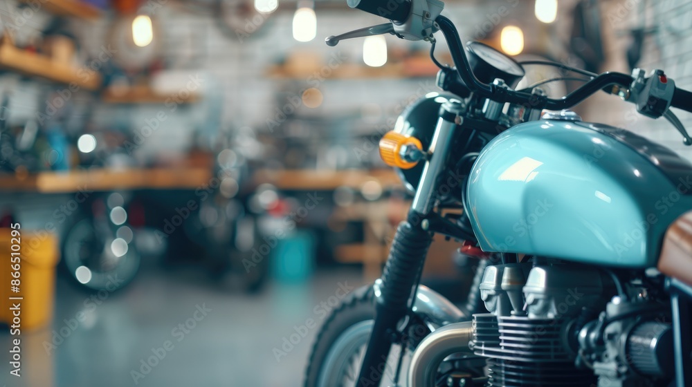 Close-up of a classic motorcycle in a garage workshop. The focus is on the bike's details with a blurred background of tools and equipment. Close-up of a classic motorcycle in a garage workshop. The focus is on the bike's details with a blurred background of tools and equipment.