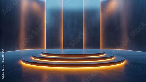 An empty, modern empty product podium with copy space made of glass and steel, illuminated by soft, ambient lighting
