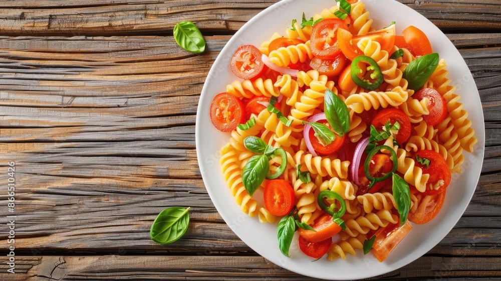 Plate of fresh fusilli pasta salad with tomatoes, basil, red onion, and olive oil on a rustic wooden table setup. Plate of fresh fusilli pasta salad with tomatoes, basil, red onion, and olive oil on a rustic wooden table setup.