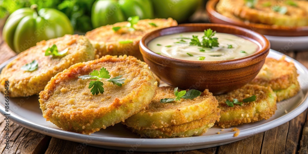 Fried green tomatoes with a side of ranch dressing. Fried green tomatoes with a side of ranch dressing.