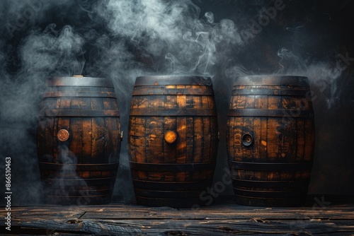 A dramatic scene of three wooden barrels arranged in a row with smoke rising from them, set against a dark background, creating an atmospheric and mysterious ambiance.
