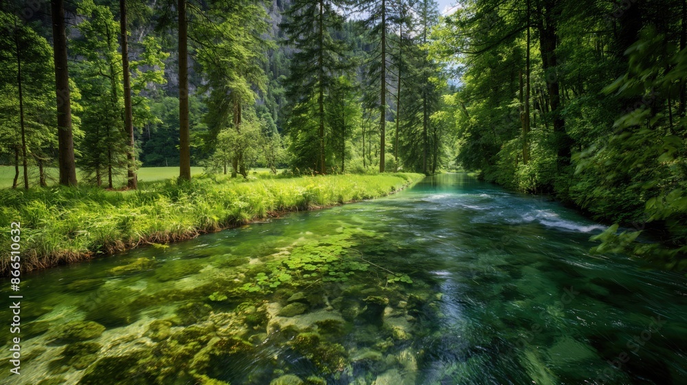 A lush green forest with a crystal-clear river flowing through it, surrounded by tall trees. A lush green forest with a crystal-clear river flowing through it, surrounded by tall trees.
