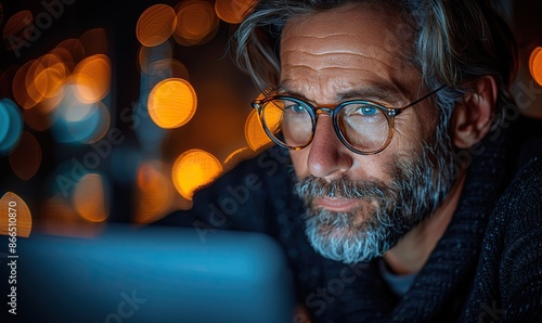 Mid-aged male remote worker toils at night, hunched over a laptop on his desk. Despite the late hour, he remains focused, his side profile illuminated by the laptop's glow. photo