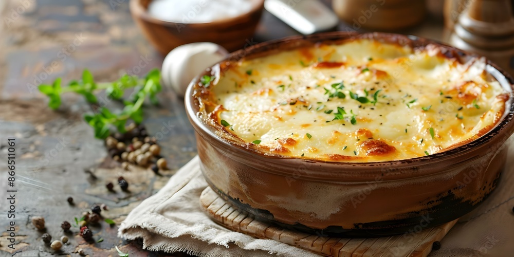 Layers of Creamy Golden Crust in a Rustic Ceramic Dish Gratin Dauphinois. Concept French cuisine, Potatoes, Creamy dish, Baked gratin, Comfort food Layers of Creamy Golden Crust in a Rustic Ceramic Dish Gratin Dauphinois. Concept French cuisine, Potatoes, Creamy dish, Baked gratin, Comfort food