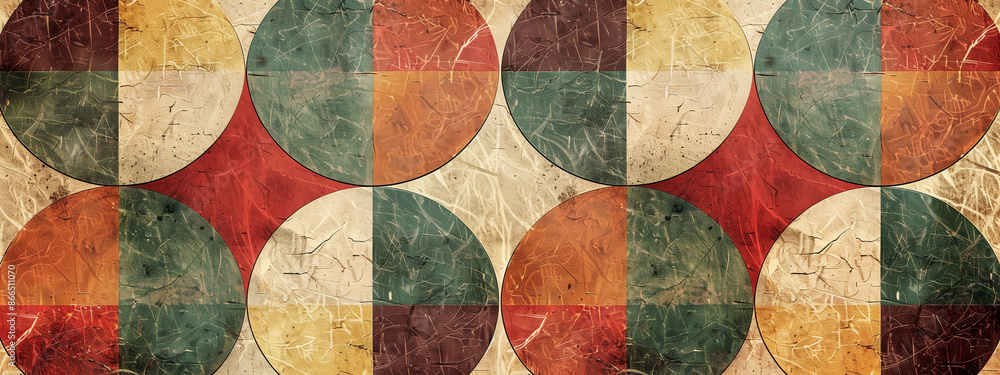 Banner with retro abstract geometric pattern with large circles and vintage texture