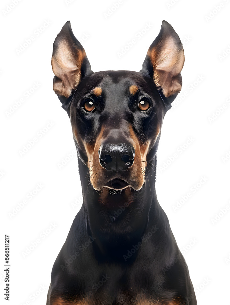 Closeup portrait of doberman sitting in front of camera isolated on transparent background Closeup portrait of doberman sitting in front of camera isolated on transparent background