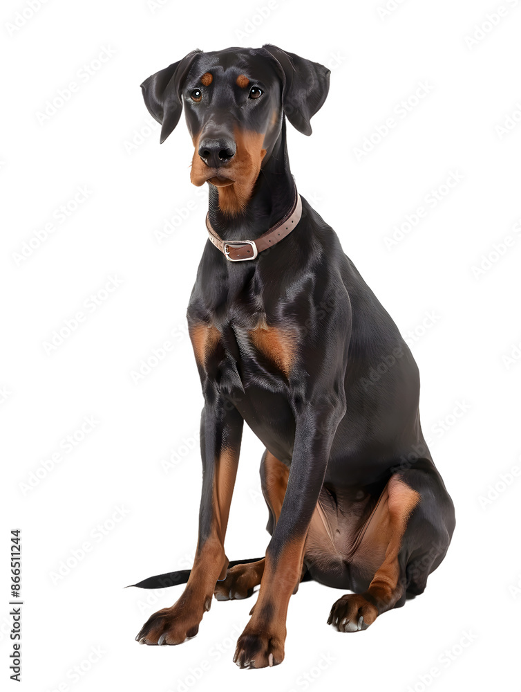 Closeup portrait of doberman sitting in front of camera isolated on transparent background Closeup portrait of doberman sitting in front of camera isolated on transparent background