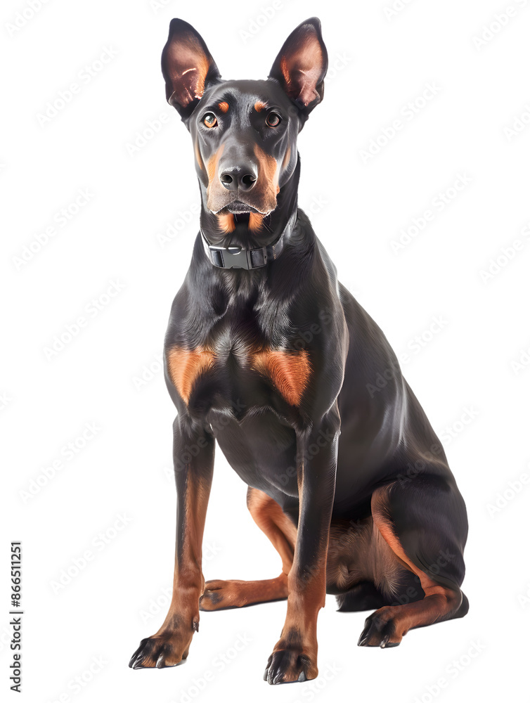 Closeup portrait of doberman sitting in front of camera isolated on transparent background Closeup portrait of doberman sitting in front of camera isolated on transparent background