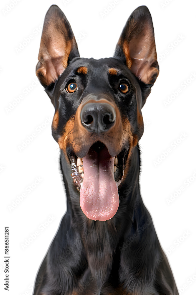 Closeup portrait of doberman sitting in front of camera isolated on transparent background Closeup portrait of doberman sitting in front of camera isolated on transparent background