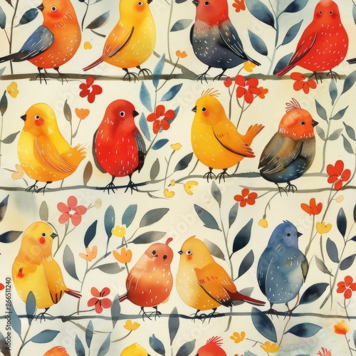 watercolor Joyful choir of singing chicks in colorful choir robes, surrounded by spring blossoms, minimal pattern, high contrasty photo