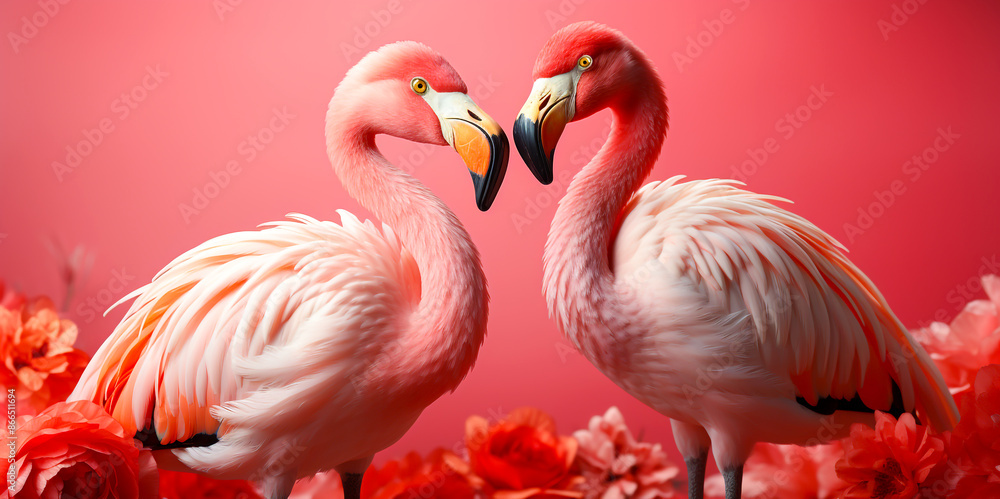 Obraz premium Pink flamingos with orange heads love each other. red background