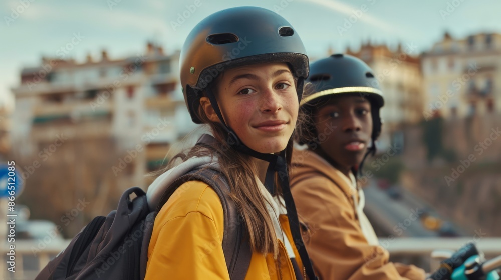 Young Multiracial Teenage Boy and Girl in Helmets, Urban Cycling Portrait. Generative ai. Young Multiracial Teenage Boy and Girl in Helmets, Urban Cycling Portrait. Generative ai.