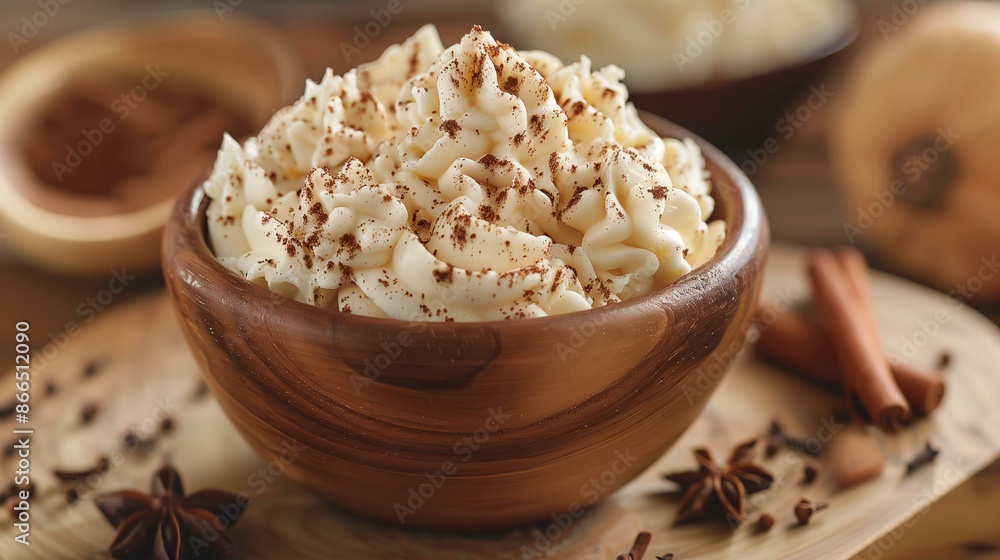 Delicious whipped cream dessert topped with chocolate flakes in a wooden bowl. Delicious whipped cream dessert topped with chocolate flakes in a wooden bowl.
