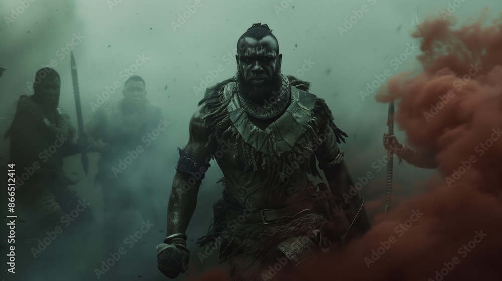 Fototapeta premium Fierce Zulu Warrior Leading Army Through Smoke in Epic Battle Scene