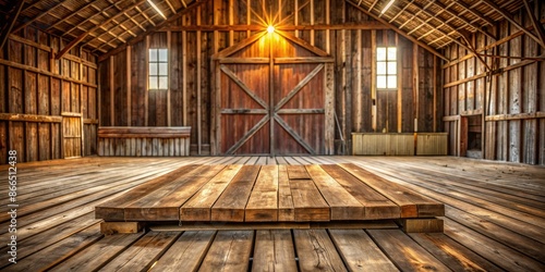 Rustic wooden stage inside a barn with warm lighting.