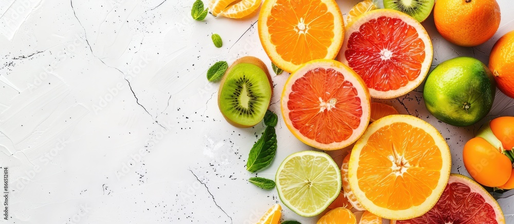 Assortment of vibrant fresh fruits on a white surface including orange, tangerine, lime, kiwi, and grapefruit, symbolizing summertime. Displayed from above with empty space for text. Assortment of vibrant fresh fruits on a white surface including orange, tangerine, lime, kiwi, and grapefruit, symbolizing summertime. Displayed from above with empty space for text.