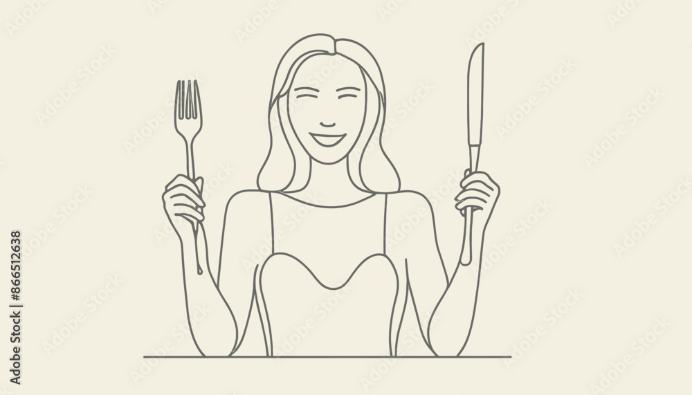 One-Line Illustration: A Smiling Lady Savoring a Culinary Delight One-Line Illustration: A Smiling Lady Savoring a Culinary Delight