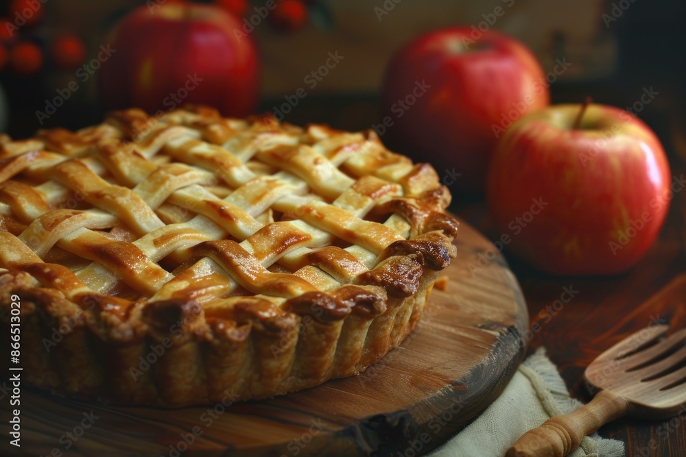 Delicious apple pie with lattice crust on rustic table, surrounded by fresh apples Delicious apple pie with lattice crust on rustic table, surrounded by fresh apples