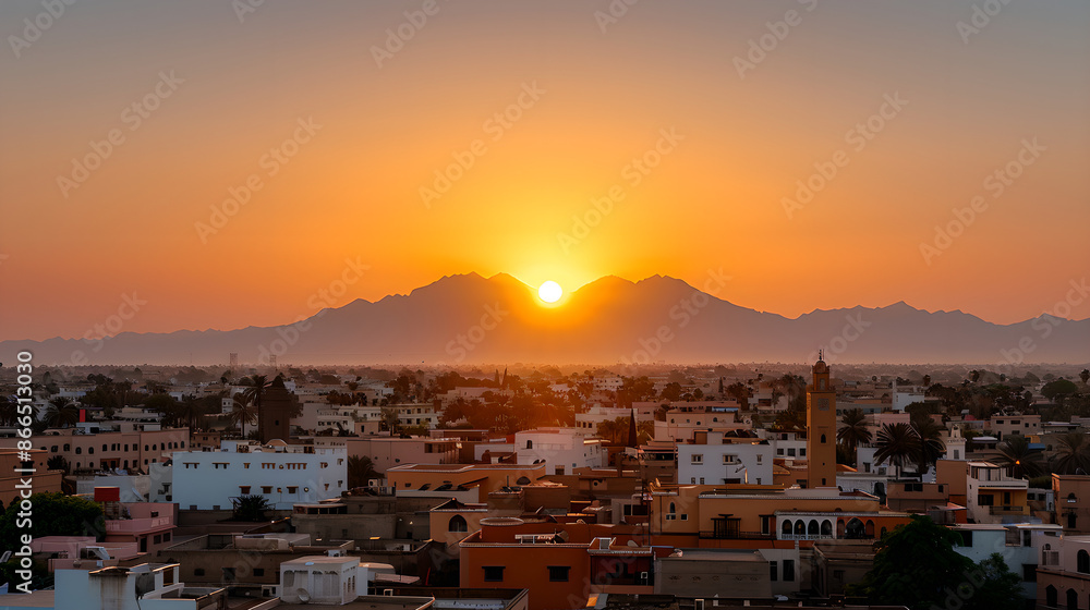 Obraz premium Sunset over North African city with mountain backdrop