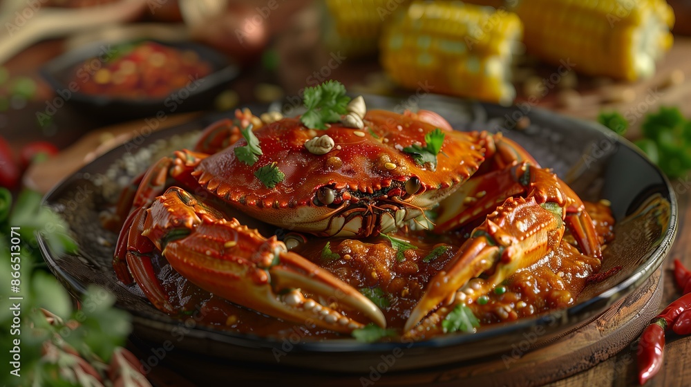 Delicious spicy crab served in a rich sauce with corn on the cob in the background. Delicious spicy crab served in a rich sauce with corn on the cob in the background.