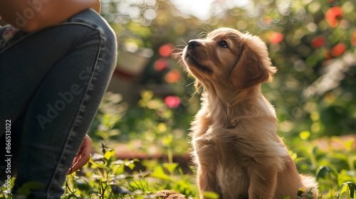 Puppy Being Trained by Owner in Lush Garden for Obedience and Care photo