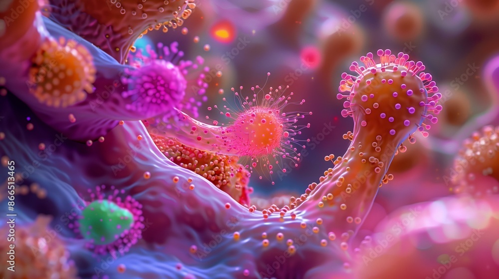 Obraz premium Close-up of colorful microscopic organisms in a vibrant, intricate, and abstract bioplastic environment.