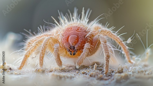 Close-up of a hairy spider-like arthropod on a sandy surface, showcasing intricate details and textures.