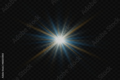 Lens flare, flash light effect. Explosion of stars and sparks. On a transparent background.