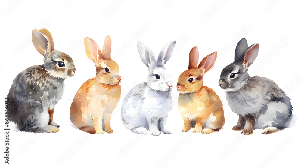 Fototapeta premium Group of rabbits watercolor illustration isolated on transparent background