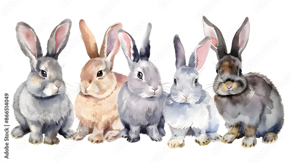 Fototapeta premium Group of rabbits watercolor illustration isolated on transparent background