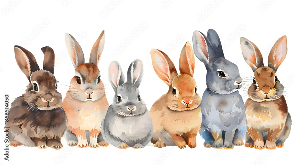 Obraz premium Group of rabbits watercolor illustration isolated on transparent background