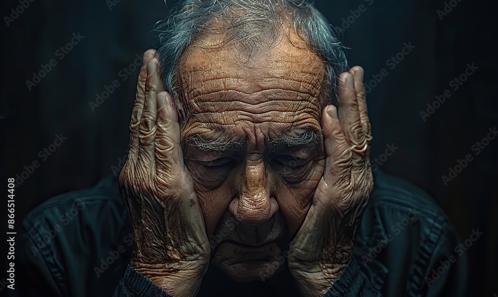 Anxiety and depression: Senior man hides his face with hands against a dark background, leaving room for text. Anxiety and depression: Senior man hides his face with hands against a dark background, leaving room for text.