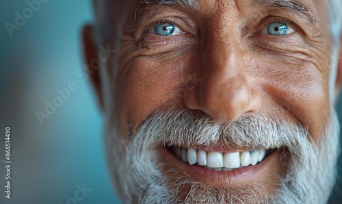 Smiling senior with gray beard and healthy white teeth. Close-up isolated on blue with copy space. Dental health concept.