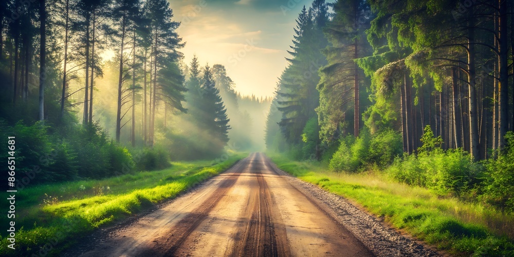 Obraz premium Vintage Road with Tire Tracks Through Misty Green Woods